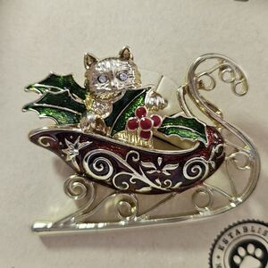 Pet Friends Gold Tone  Red And Green Enamel Cat In Sleigh Brooch